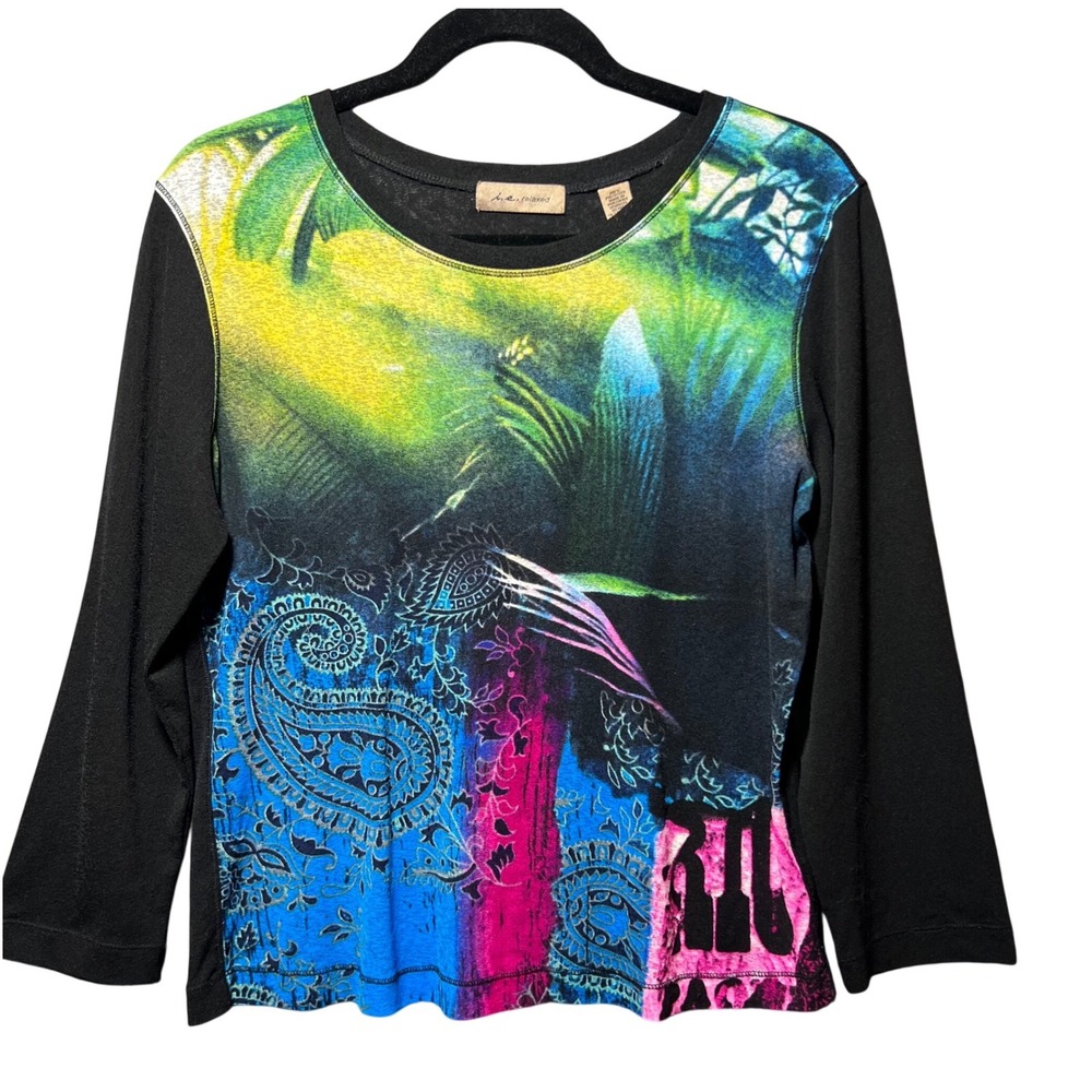 Y2K i.e. relaxed Slub Knit Abstract Print Top Long Sleeve Black Multi Color L